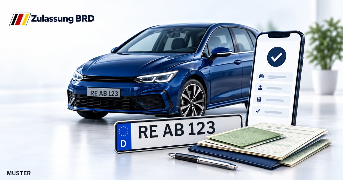 Online Fahrzeugzulassung in Recklinghausen: Musterkennzeichen RE AB 123, Auto und Fahrzeugpapiere und Smartphone. Illustration mit Logo von Zulassung BRD.
